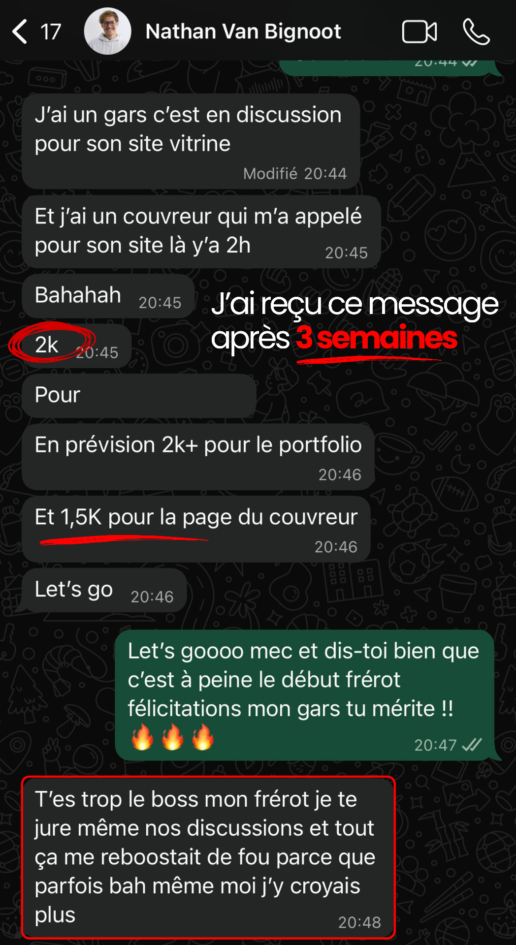 Message reçu après 3 semaines — 3 500€ signés