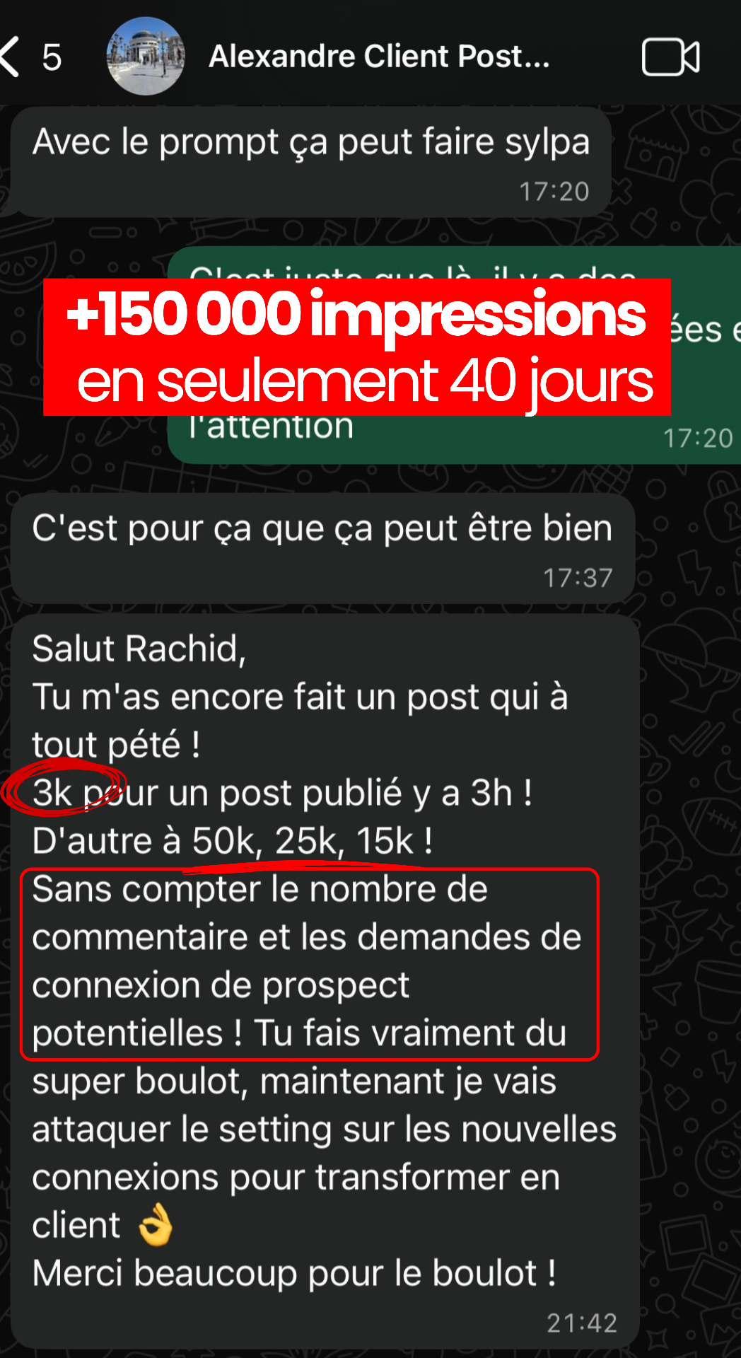 Capture WhatsApp Alexandre — +150 000 impressions en 40 jours