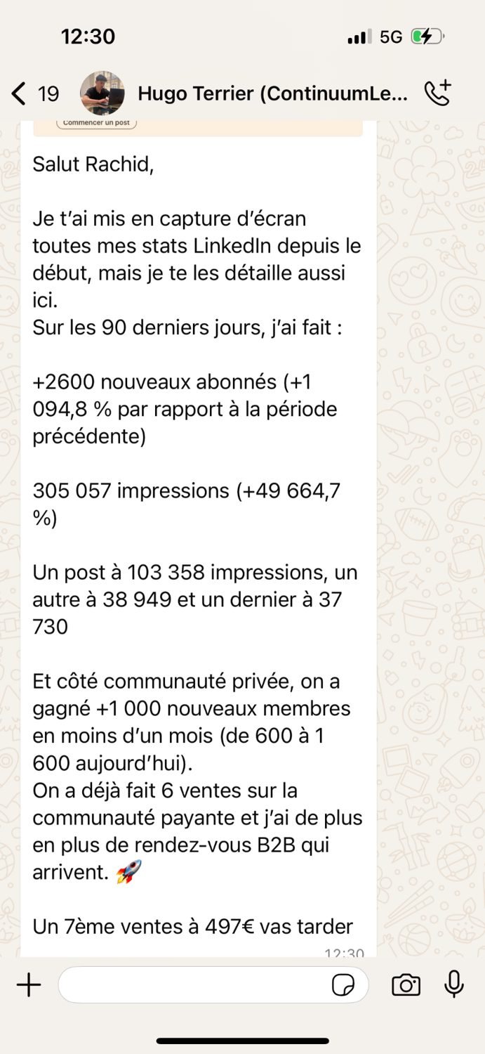 Message de Hugo : ses statistiques sur 90 jours